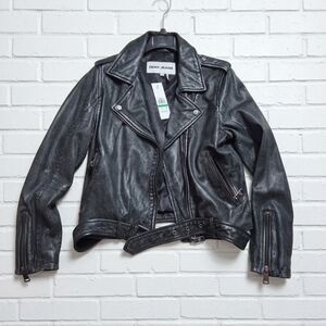 NWT- NEVER WORN DKNY Women's Charcoal Leather Biker Jacket. LARGE
